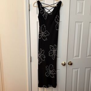 Black Maxi Dress with White Floral Print and Crisscross Back